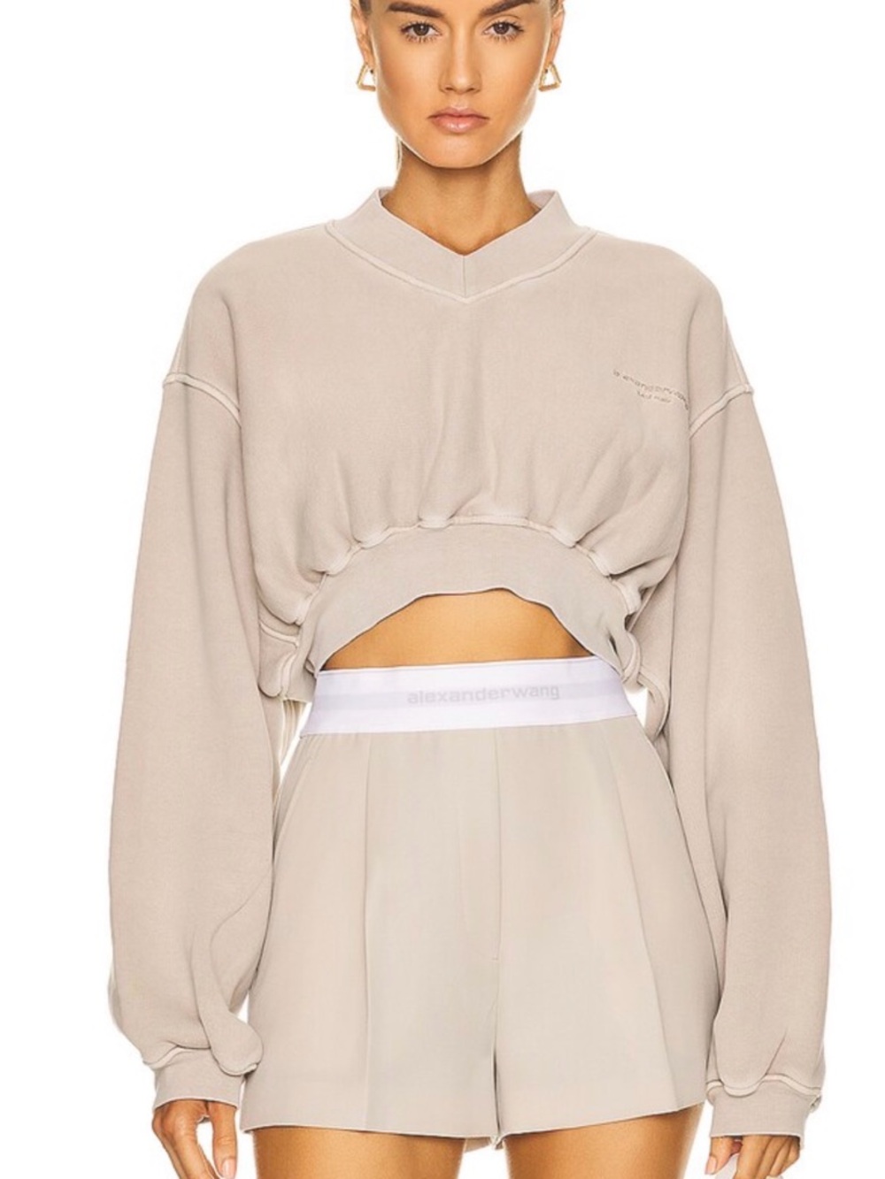 Alexander Wang V Neck Cropped Logo Pullover in Grey